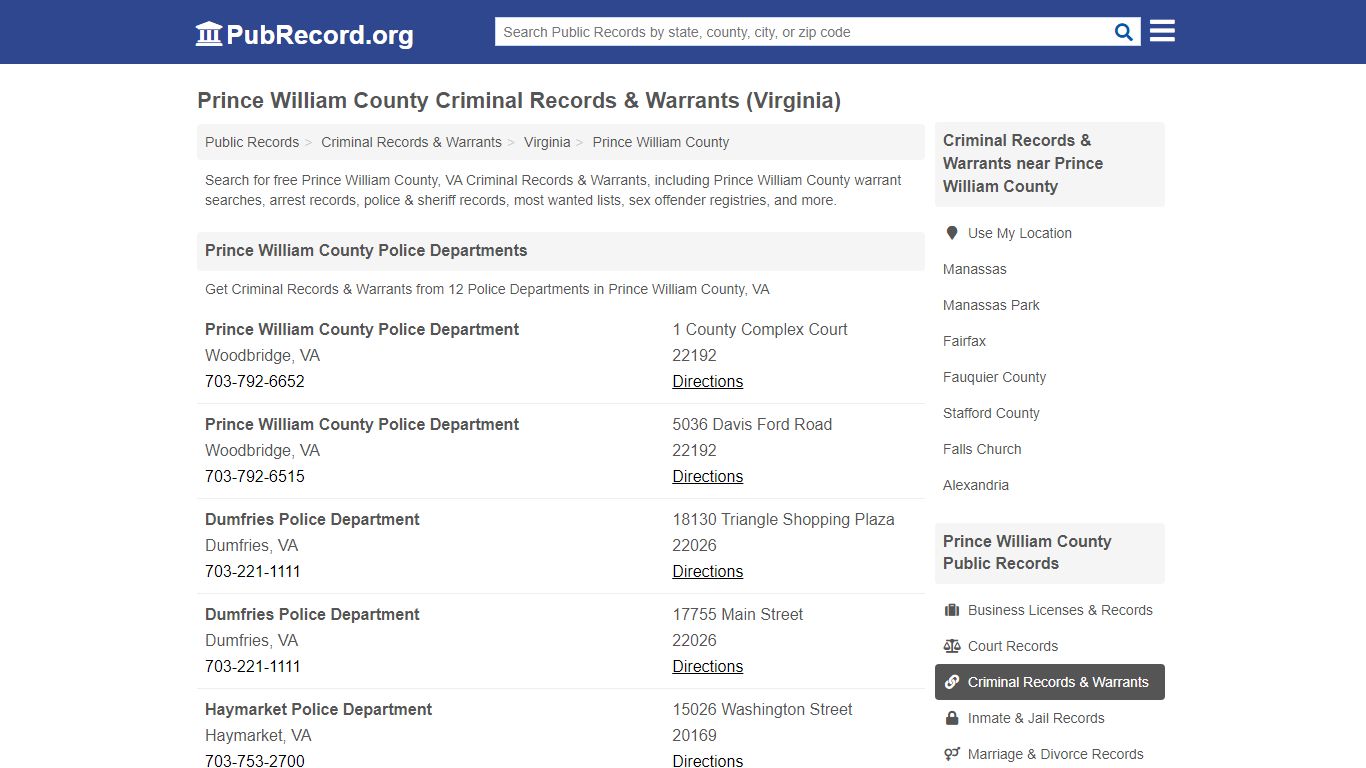 Prince William County Criminal Records & Warrants (Virginia)